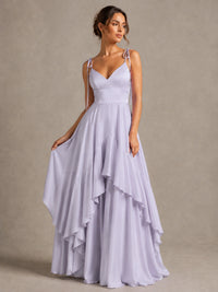 Lavender Satin V-Neck Ruffle Maxi Dress