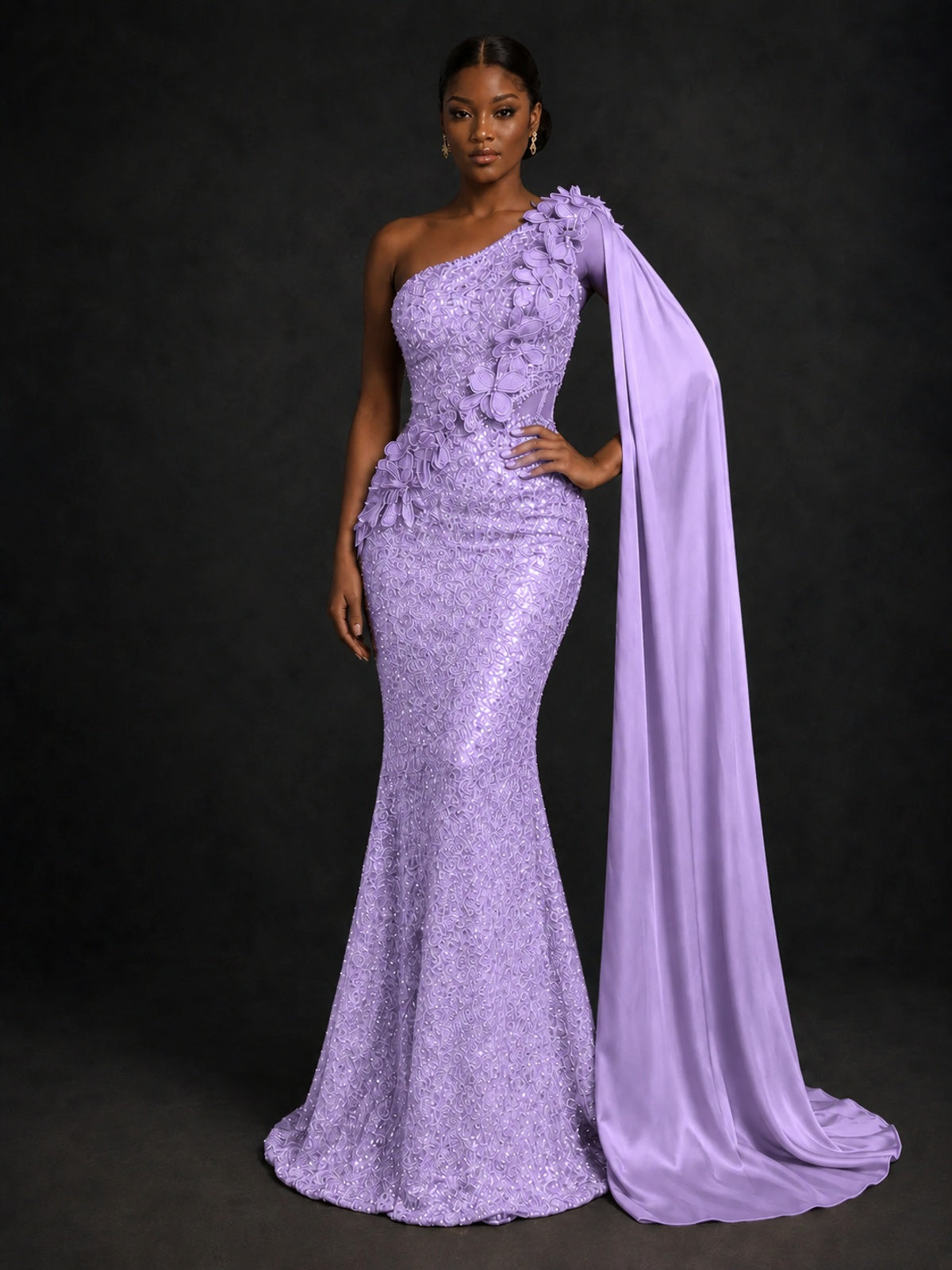 Gold Sequin One Shoulder Mermaid Prom Dress with Cape