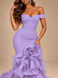 Dusty Blue Off-the-Shoulder Mermaid Prom Dress with 3D Rose & Ruffles