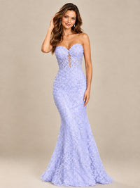 Strapless Corset Mermaid Prom Dress with Floral Lace Appliqué