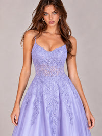 Lace Applique Satin A-Line Prom Dress with Sheer Bodice