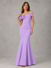 Blush Pink Off Shoulder Mermaid Bridesmaid Dress with Floral Rosette