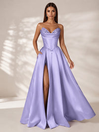 Strapless Corset Satin Prom Dress Long Evening Gown with High Slit