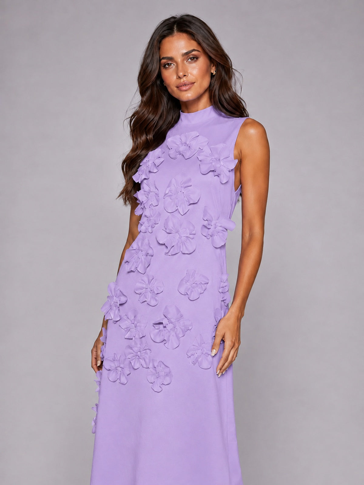 3D Floral Applique High Neck Prom Maxi Dress