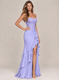 Strapless Lace Appliques Corset Satin Prom Dress Ruffle Slit Evening Gown