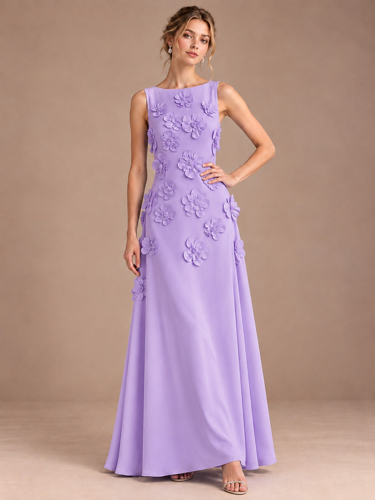 3D Floral Applique Sleeveless Formal Maxi Dress