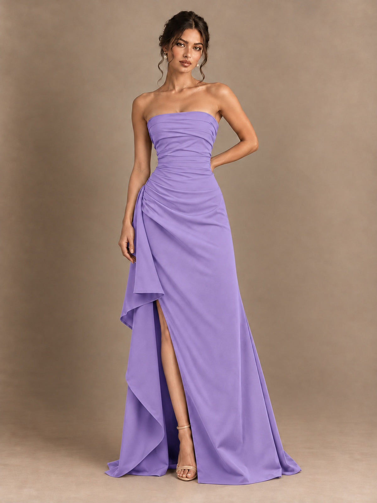 Black and White Strapless Ruched Prom Dress with High Slit & Side Drape