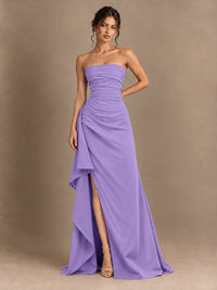 Black and White Strapless Ruched Prom Dress with High Slit & Side Drape