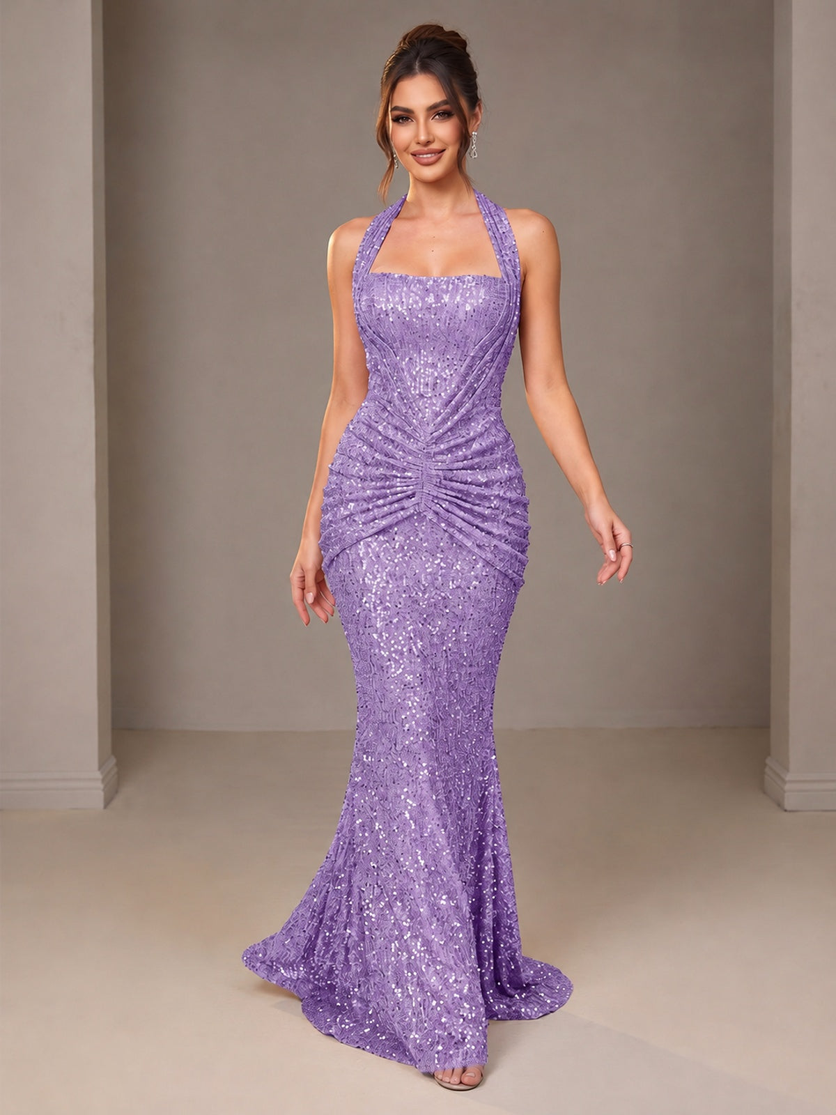 Gold Halter Sequin Mermaid Ruched Prom Dress Long Ruched Evening Gown