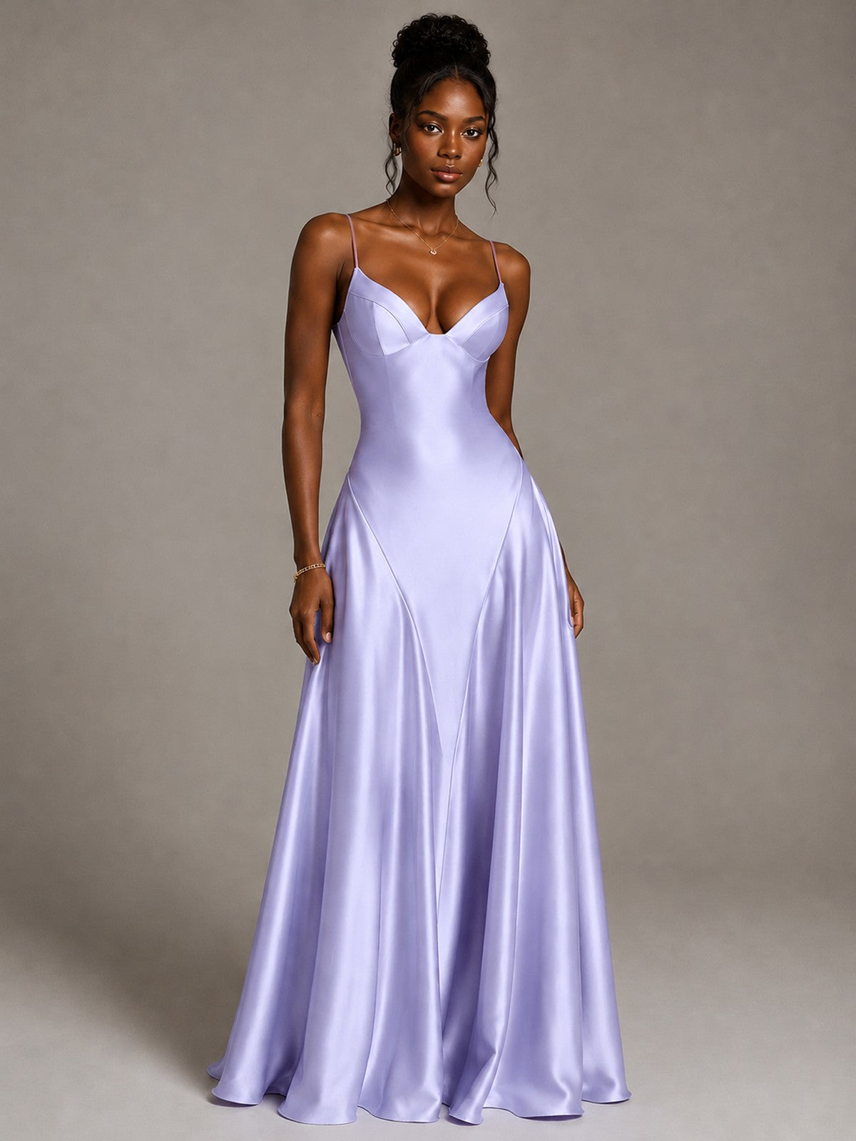 Lavender V Neck Satin Prom Dress with Spaghetti Straps