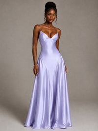 Lavender V Neck Satin Prom Dress with Spaghetti Straps