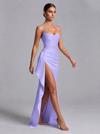 Square Neck Satin Long Prom Dress with Ruffles