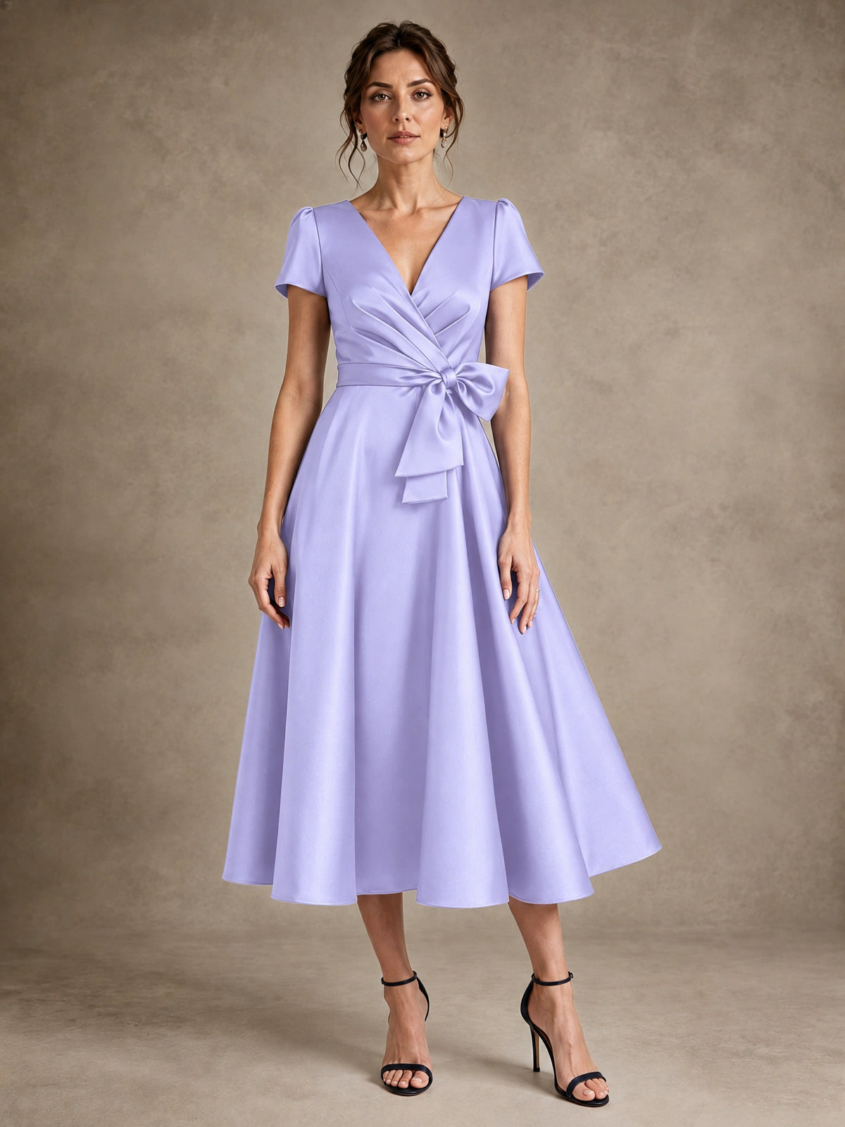 Lavender V-Neck Tea-Length Satin Mother of the Bride Dress with Bow Jovellee