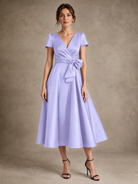 Lavender V-Neck Tea-Length Satin Mother of the Bride Dress with Bow Jovellee