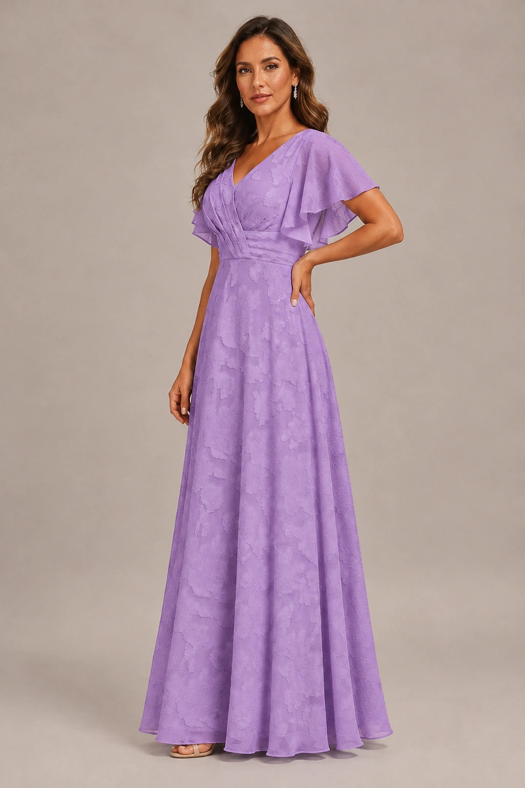 Jovellee Floral Chiffon A-Line Mother of the Bride Dress with Flutter Sleeves
