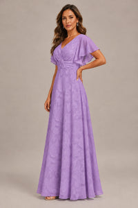Jovellee Floral Chiffon A-Line Mother of the Bride Dress with Flutter Sleeves