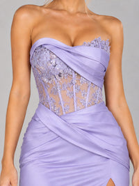 Strapless Satin Prom Dress with Sheer Lace Corset & High Slit
