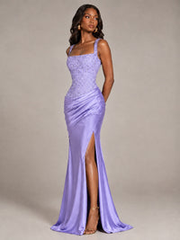Scoop Neck Sequin Prom Dress with High Slit Satin Formal Gowns