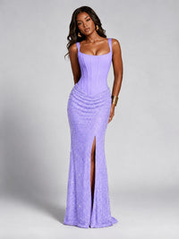 Sequin Corset Mermaid Prom Dress with Square Neck Wide Strap High Slit