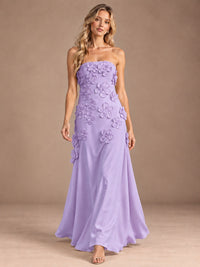 Yellow Strapless A-line Satin Maxi Dress with 3D Floral