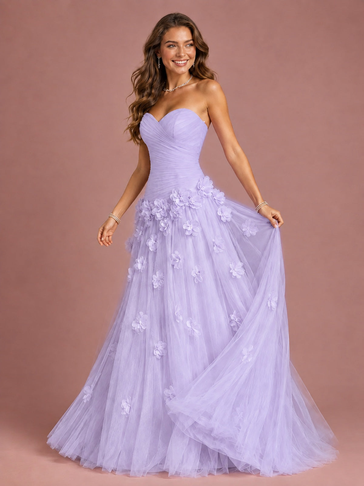 Blush Pink Strapless Sweetheart 3D Floral Tulle Ball Gown Prom Dres