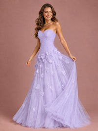 Blush Pink Strapless Sweetheart 3D Floral Tulle Ball Gown Prom Dres