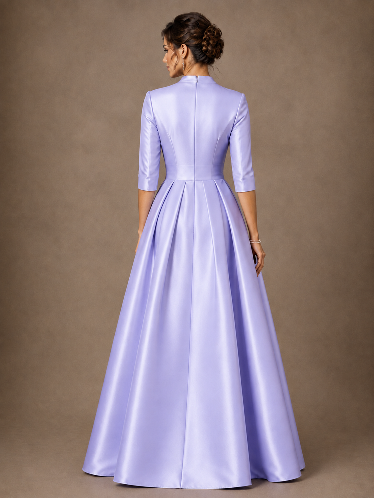 V-Neck Pleated Satin Mother of the Bride Gown with 3/4 Sleeves