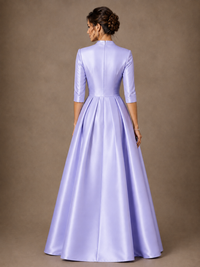 V-Neck Pleated Satin Mother of the Bride Gown with 3/4 Sleeves