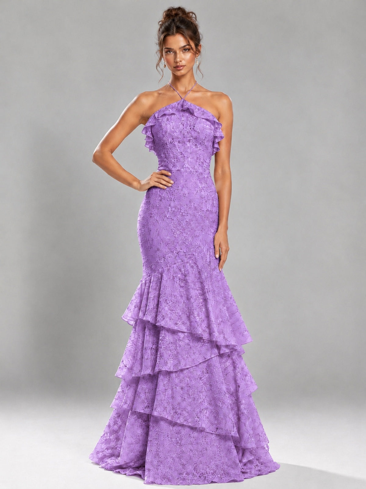 Halter Tiered Mermaid Prom Dress with Sparkly Lace