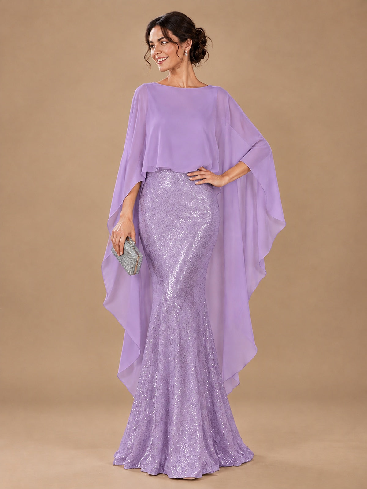 Sequin 2 Pieces Mother of the Bride Dress with Cap Sleeves Chiffon Formal Gowns