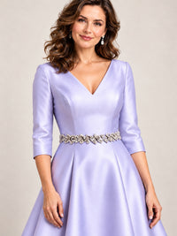 V-Neck Tea-Length Mother of the Bride Dress with Embellished Waist