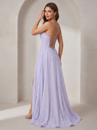 Sparkly Cowl Neck Corset Long Prom Dress with Slit A-line Tulle Ball Gown