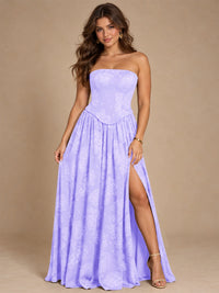 Chocolate Brown Floral Strapless Corset A-Line Evening Gown with Slit