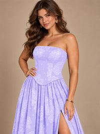 Chocolate Brown Floral Strapless Corset A-Line Evening Gown with Slit