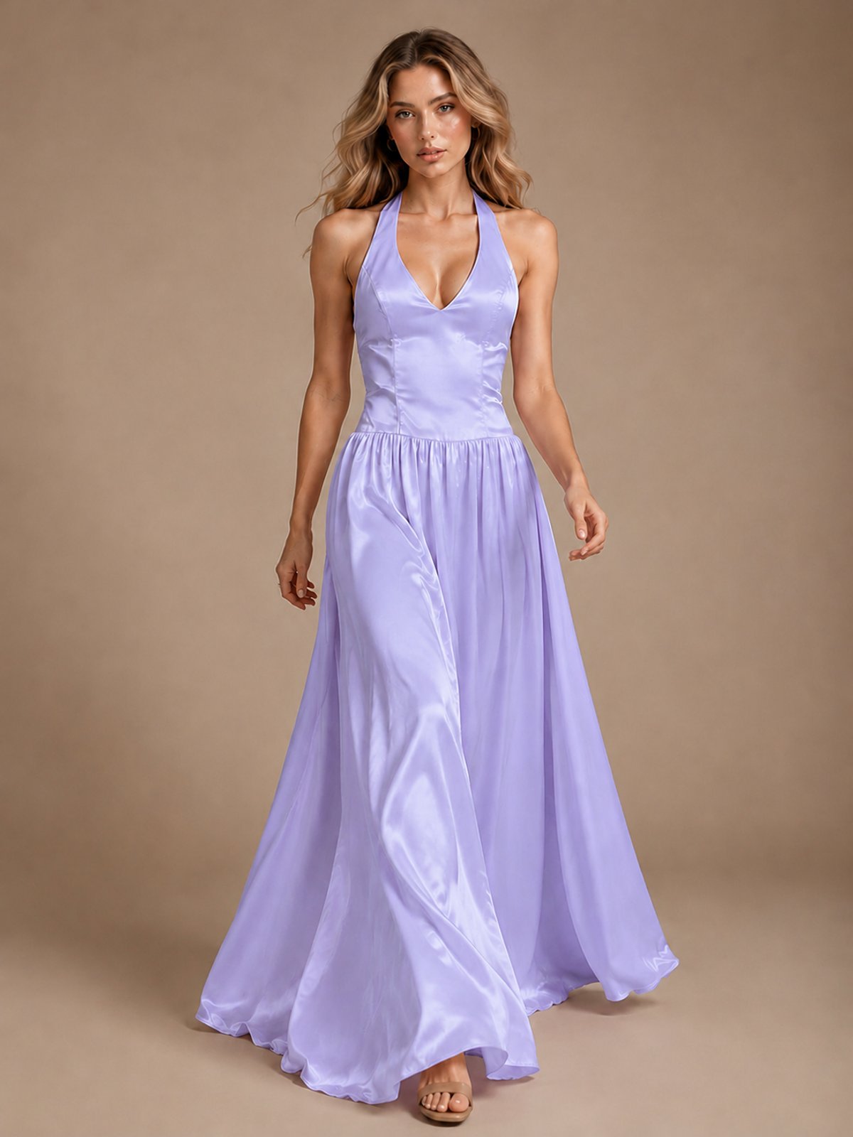 Pink V Neck Halter Satin Maxi Dress