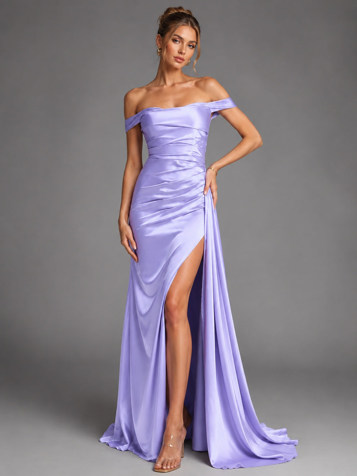 Off Shoulder Satin Maxi Dress with Slit