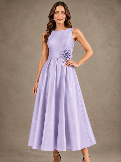 Tea-Length Satin Mother of the Bride Dress with 3D Flower Detail