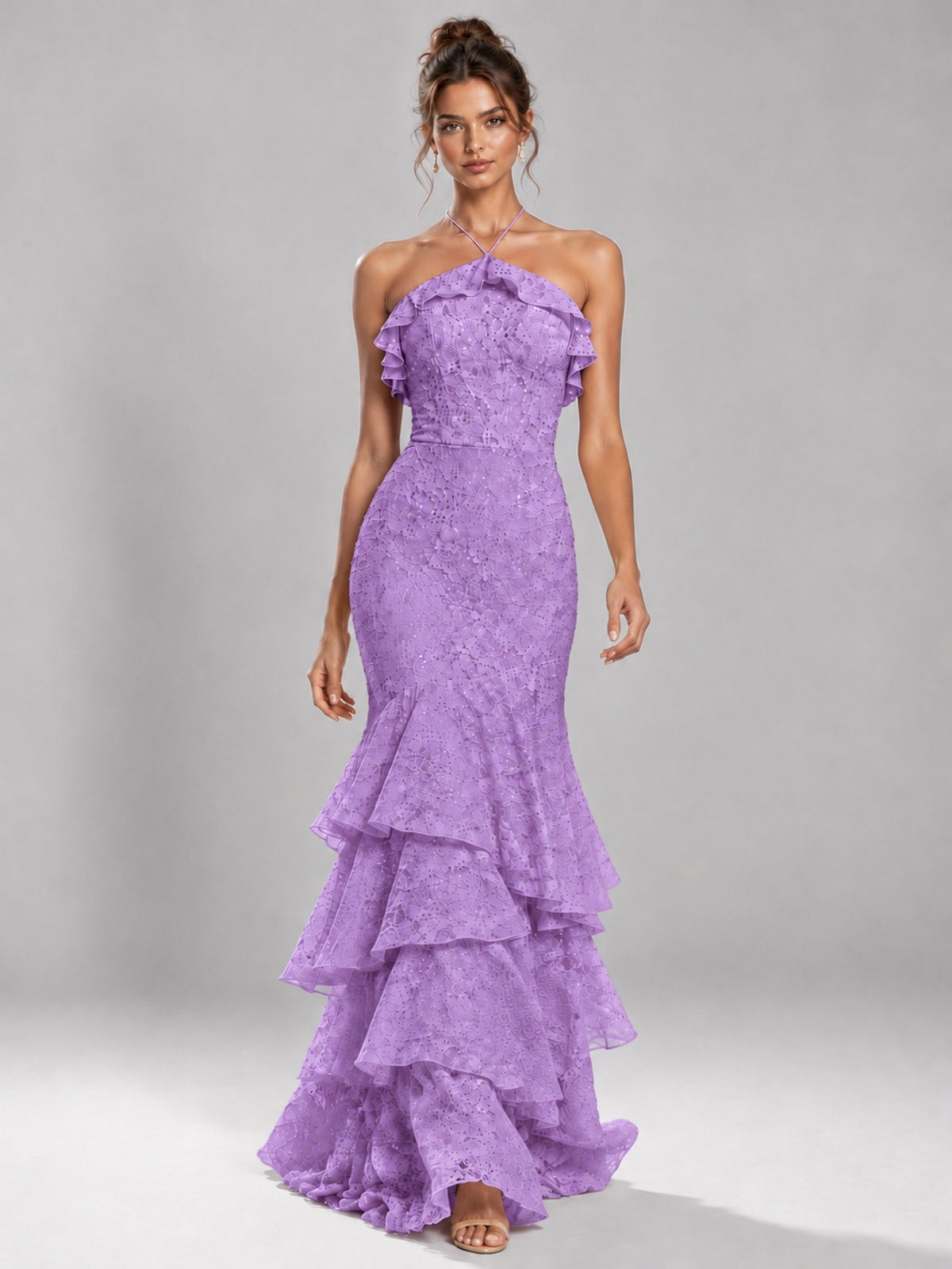 Halter Tiered Mermaid Prom Dress with Sparkly Lace