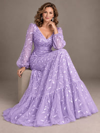 Floral Sequin Embroidered A-Line Mother of the Bride Dress with Long Sleeves