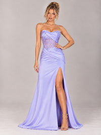 Strapless Satin Prom Dress with Sheer Lace Corset & High Slit