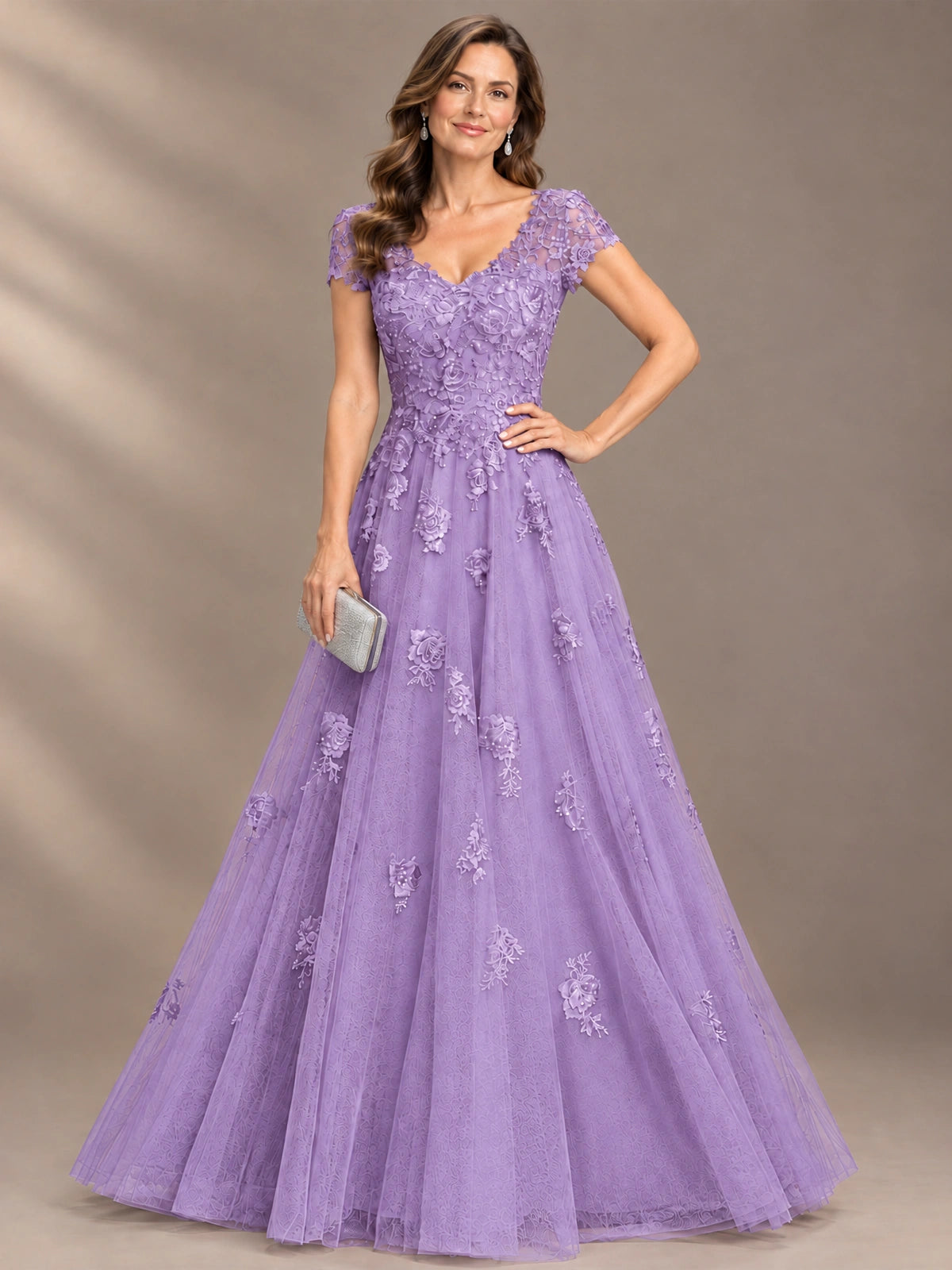 Lace Appliques A-line Mother of The Bride Dresses with Short Sleeves