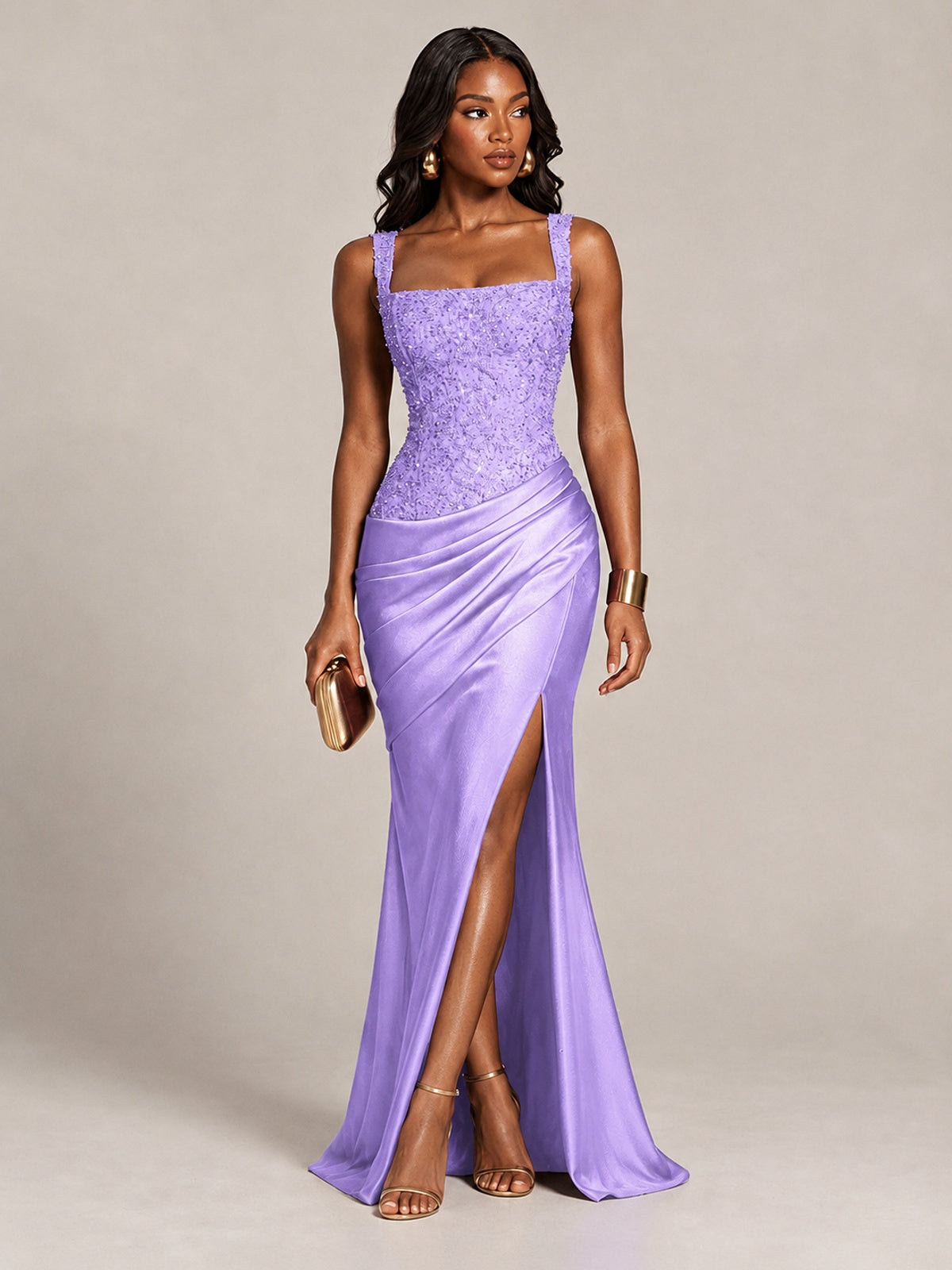 Scoop Neck Sequin Prom Dress with High Slit Satin Formal Gowns
