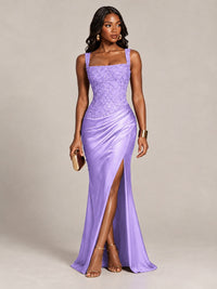 Scoop Neck Sequin Prom Dress with High Slit Satin Formal Gowns