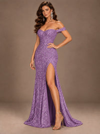 Off the Shoulder Corset Sequin Mermaid Prom Dress with Slit