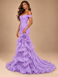 Dusty Blue Off-the-Shoulder Mermaid Prom Dress with 3D Rose & Ruffles