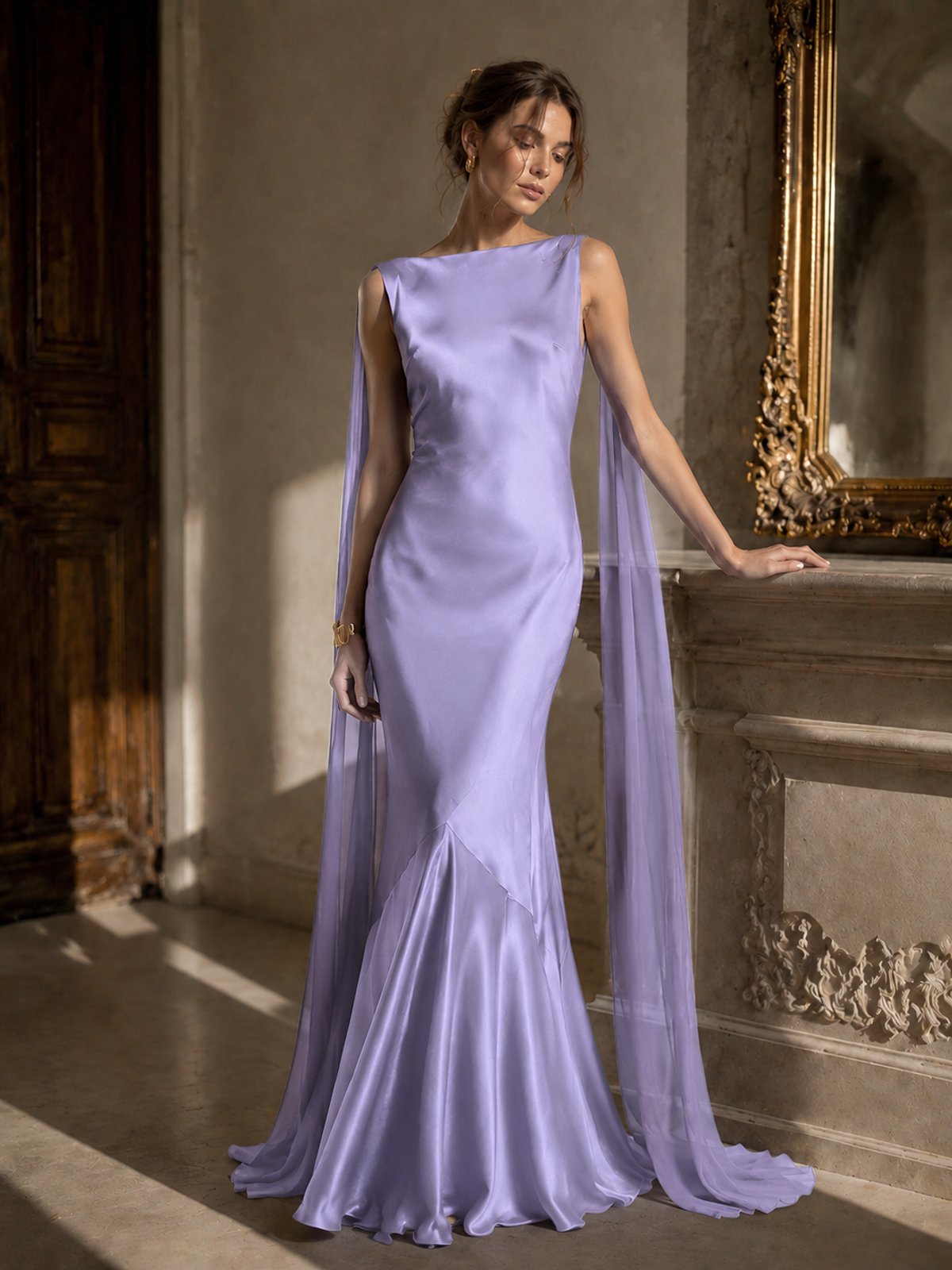 Burgundy Satin Mermaid Cape Maxi Dress