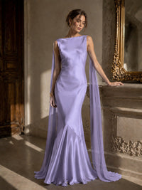 Burgundy Satin Mermaid Cape Maxi Dress