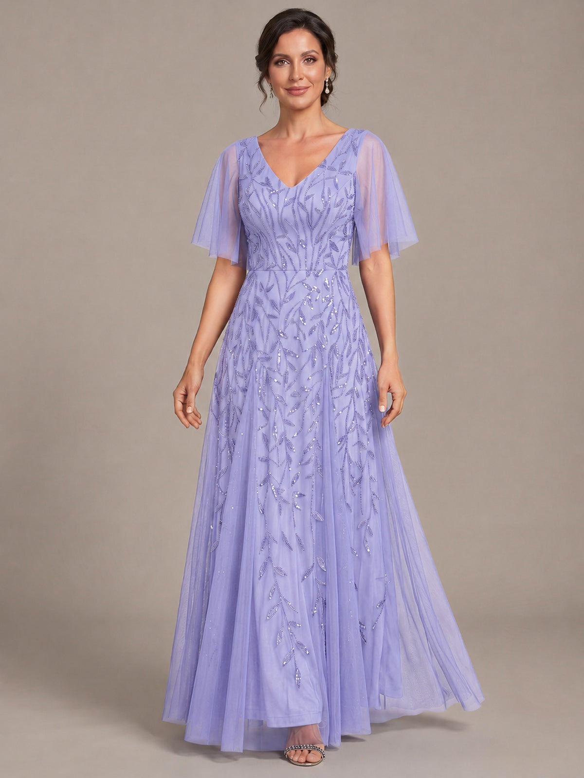 V-Neck Sequin Tulle Mother of the Bride Dress with Flutter Sleeve