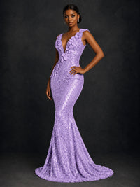 Gold Sequin Floral Applique Mermaid Prom Dress