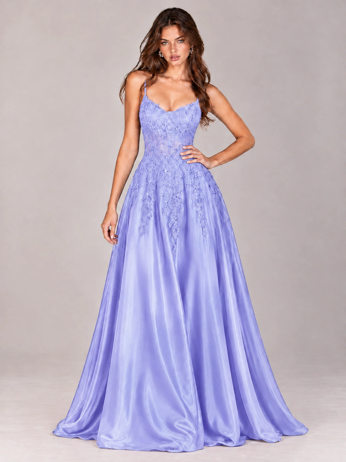 Lace Applique Satin A-Line Prom Dress with Sheer Bodice